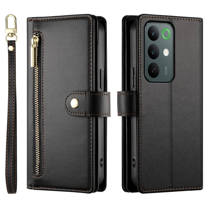 For Realme C85 Pro 4G Leather Case Zipper Pocket Wallet Phone Cover with Straps - Black - 1