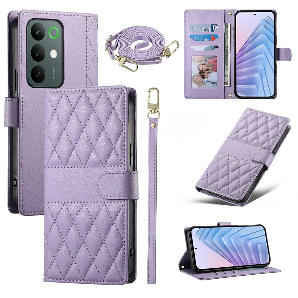 For Realme C85 5G Wallet Case Rhombus Stitching Stand Leather Phone Cover with Long  /  Short Strap - Purple - 1