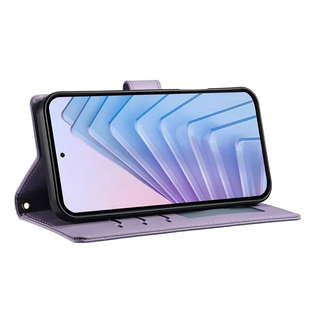For Realme C85 5G Wallet Case Rhombus Stitching Stand Leather Phone Cover with Long  /  Short Strap - Purple - 3