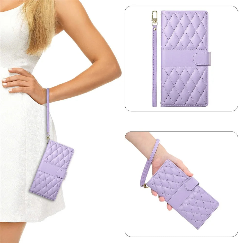 For Realme C85 5G Wallet Case Rhombus Stitching Stand Leather Phone Cover with Long  /  Short Strap - Purple - 6