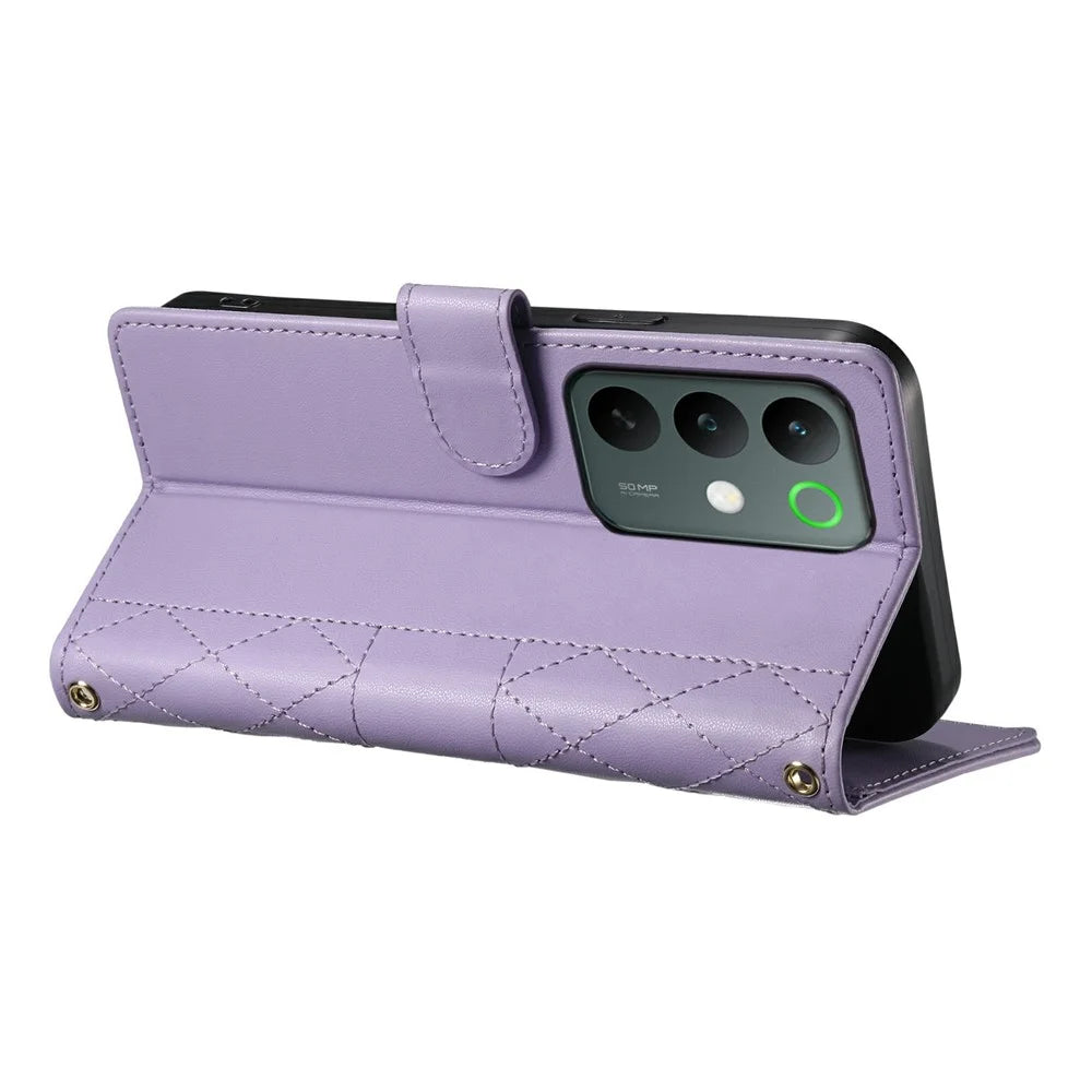 For Realme C85 Pro 4G Wallet Case Rhombus Stitching Stand Leather Phone Cover with Long  /  Short Strap - Purple - 4