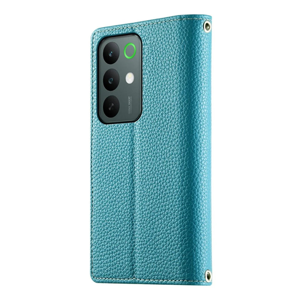 For Realme C85 5G Case Zipper Wallet Color Splicing Leather Flip Phone Cover with Straps - Lake Blue - 5
