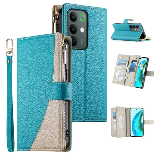 For Realme C85 Pro 4G Case Zipper Wallet Color Splicing Leather Flip Phone Cover with Straps - Lake Blue - 1