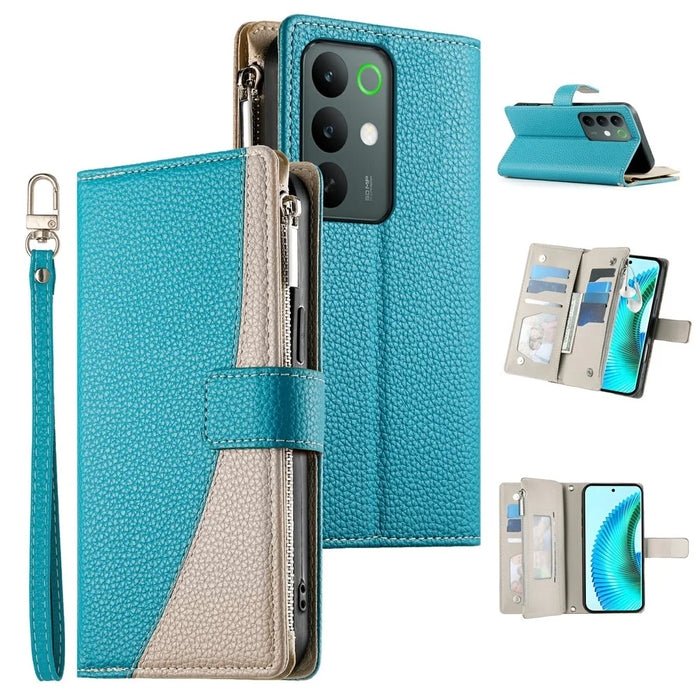 For Realme C85 Pro 4G Case Zipper Wallet Color Splicing Leather Flip Phone Cover with Straps - Lake Blue - 1