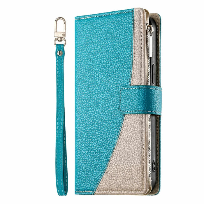 For Realme C85 Pro 4G Case Zipper Wallet Color Splicing Leather Flip Phone Cover with Straps - Lake Blue - 4