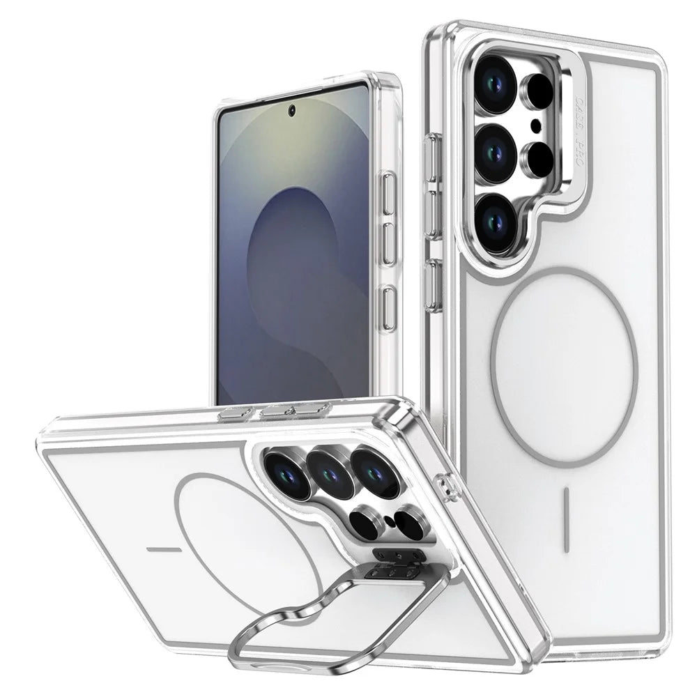 For Samsung Galaxy S26 Ultra Magnetic Case Matching Color Lens Kickstand TPU PC Phone Cover - White - 1