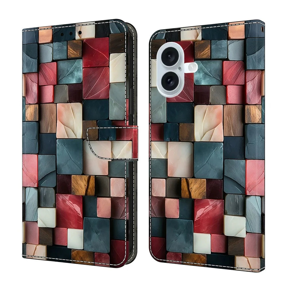 For iPhone 17 Wallet Case Foldable Stand Pattern Printing Leather Flip Phone Cover - Colorful Brick Pattern - 1