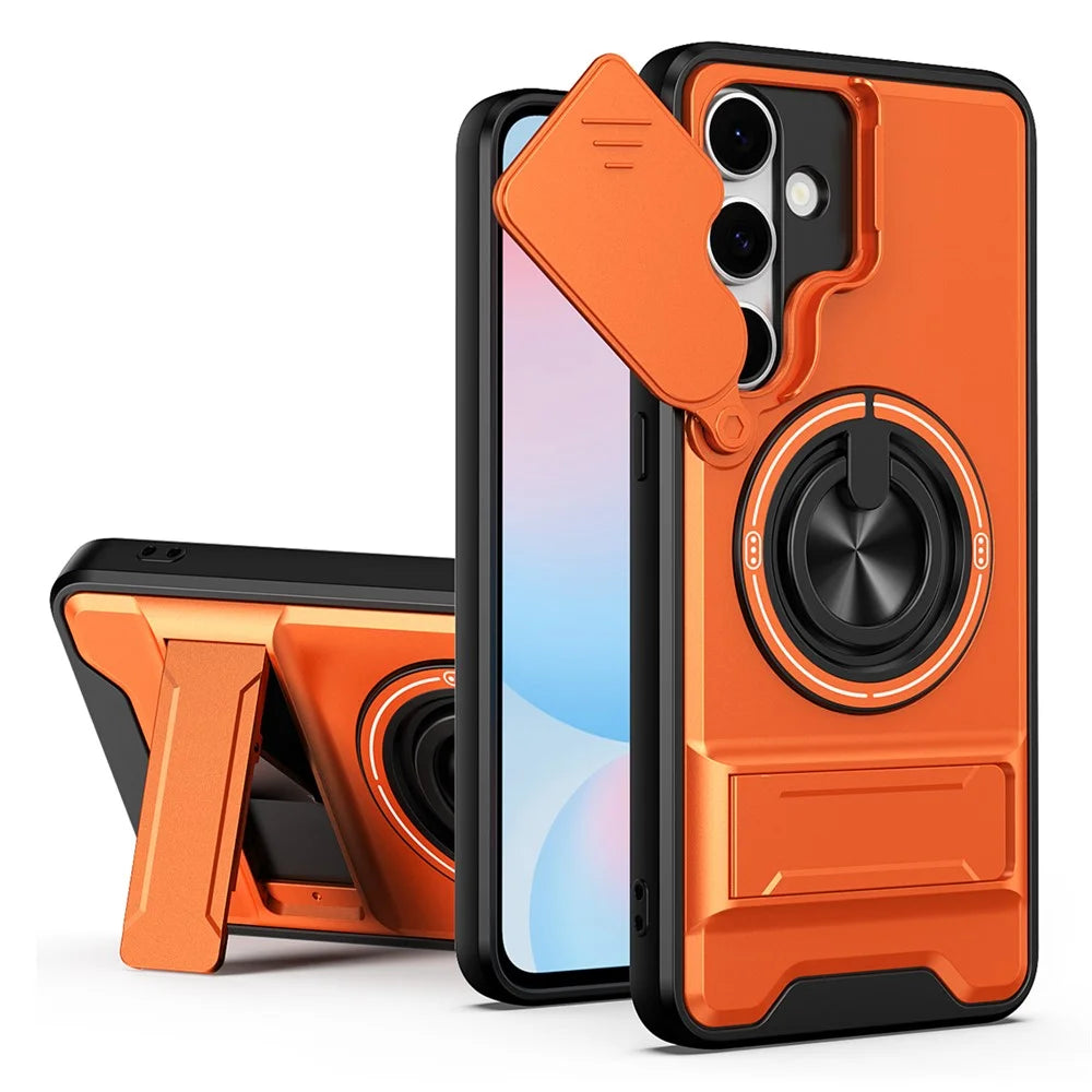 For Samsung Galaxy S24 FE Magnetic Case Ring Holder Foldable Kickstand TPU PC Phone Cover with Camera Lens Slider - Orange - 1