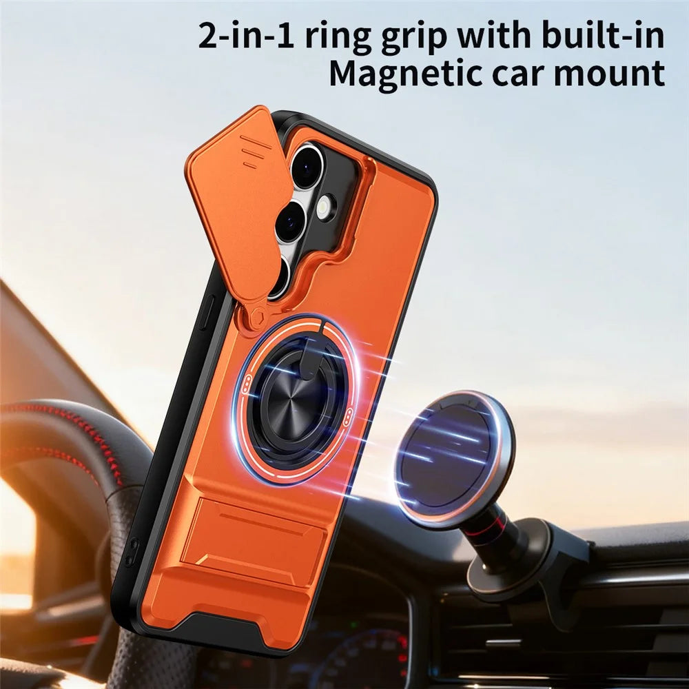 For Samsung Galaxy S24 FE Magnetic Case Ring Holder Foldable Kickstand TPU PC Phone Cover with Camera Lens Slider - Orange - 2