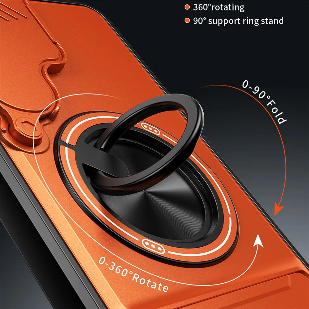 For Samsung Galaxy S24 FE Magnetic Case Ring Holder Foldable Kickstand TPU PC Phone Cover with Camera Lens Slider - Orange - 3