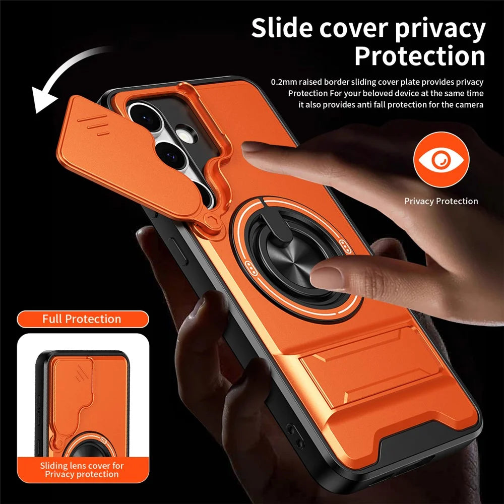For Samsung Galaxy S24 FE Magnetic Case Ring Holder Foldable Kickstand TPU PC Phone Cover with Camera Lens Slider - Orange - 4