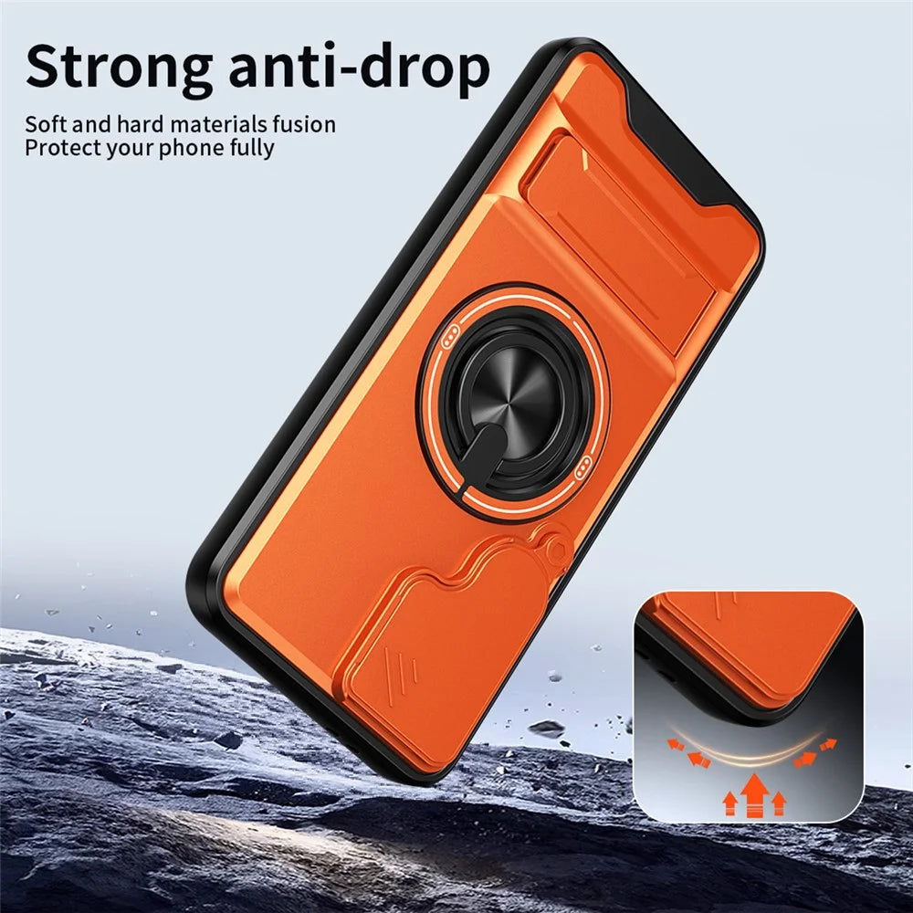 For Samsung Galaxy S24 FE Magnetic Case Ring Holder Foldable Kickstand TPU PC Phone Cover with Camera Lens Slider - Orange - 5