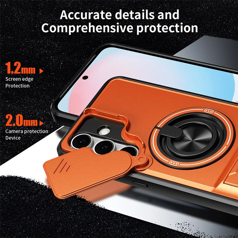 For Samsung Galaxy S24 FE Magnetic Case Ring Holder Foldable Kickstand TPU PC Phone Cover with Camera Lens Slider - Orange - 6