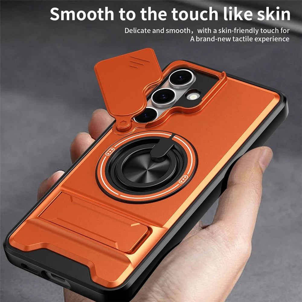 For Samsung Galaxy S24 FE Magnetic Case Ring Holder Foldable Kickstand TPU PC Phone Cover with Camera Lens Slider - Orange - 7