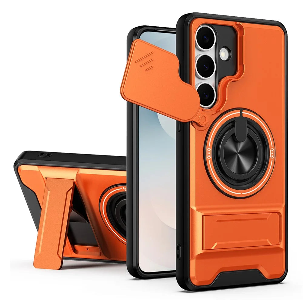 For Samsung Galaxy S25 FE Magnetic Case Ring Holder Foldable Kickstand TPU PC Phone Cover with Camera Lens Slider - Orange - 1