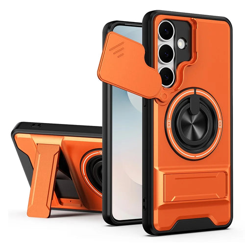 For Samsung Galaxy S25 FE Magnetic Case Ring Holder Foldable Kickstand TPU PC Phone Cover with Camera Lens Slider - Orange - 1