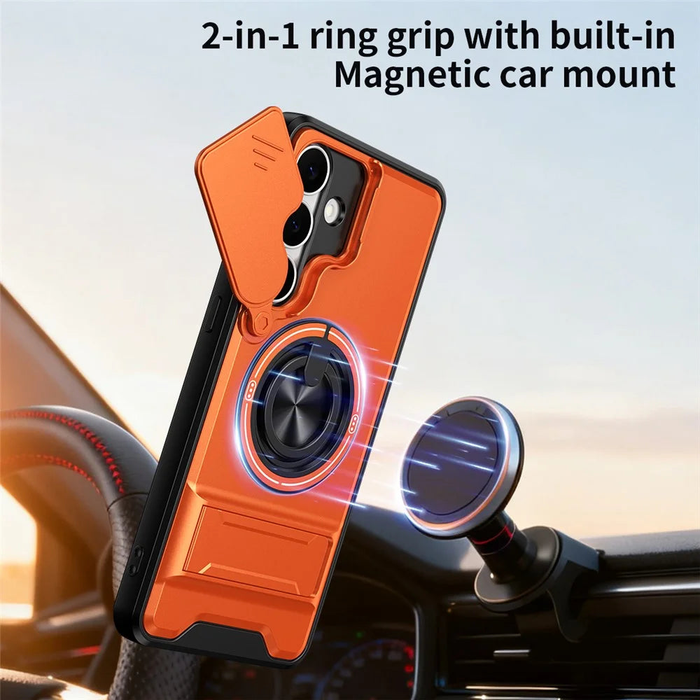 For Samsung Galaxy S25 FE Magnetic Case Ring Holder Foldable Kickstand TPU PC Phone Cover with Camera Lens Slider - Orange - 2