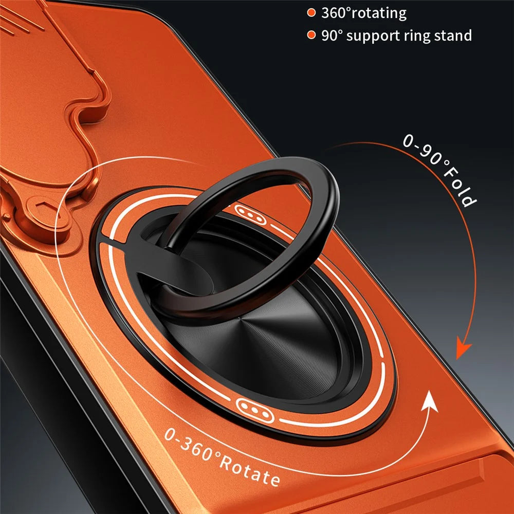 For Samsung Galaxy S25 FE Magnetic Case Ring Holder Foldable Kickstand TPU PC Phone Cover with Camera Lens Slider - Orange - 3