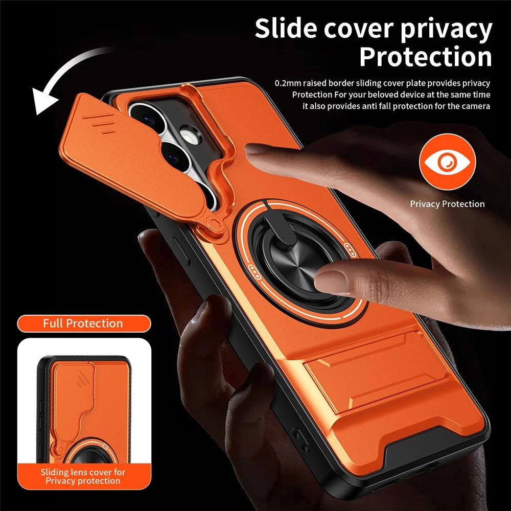 For Samsung Galaxy S25 FE Magnetic Case Ring Holder Foldable Kickstand TPU PC Phone Cover with Camera Lens Slider - Orange - 4