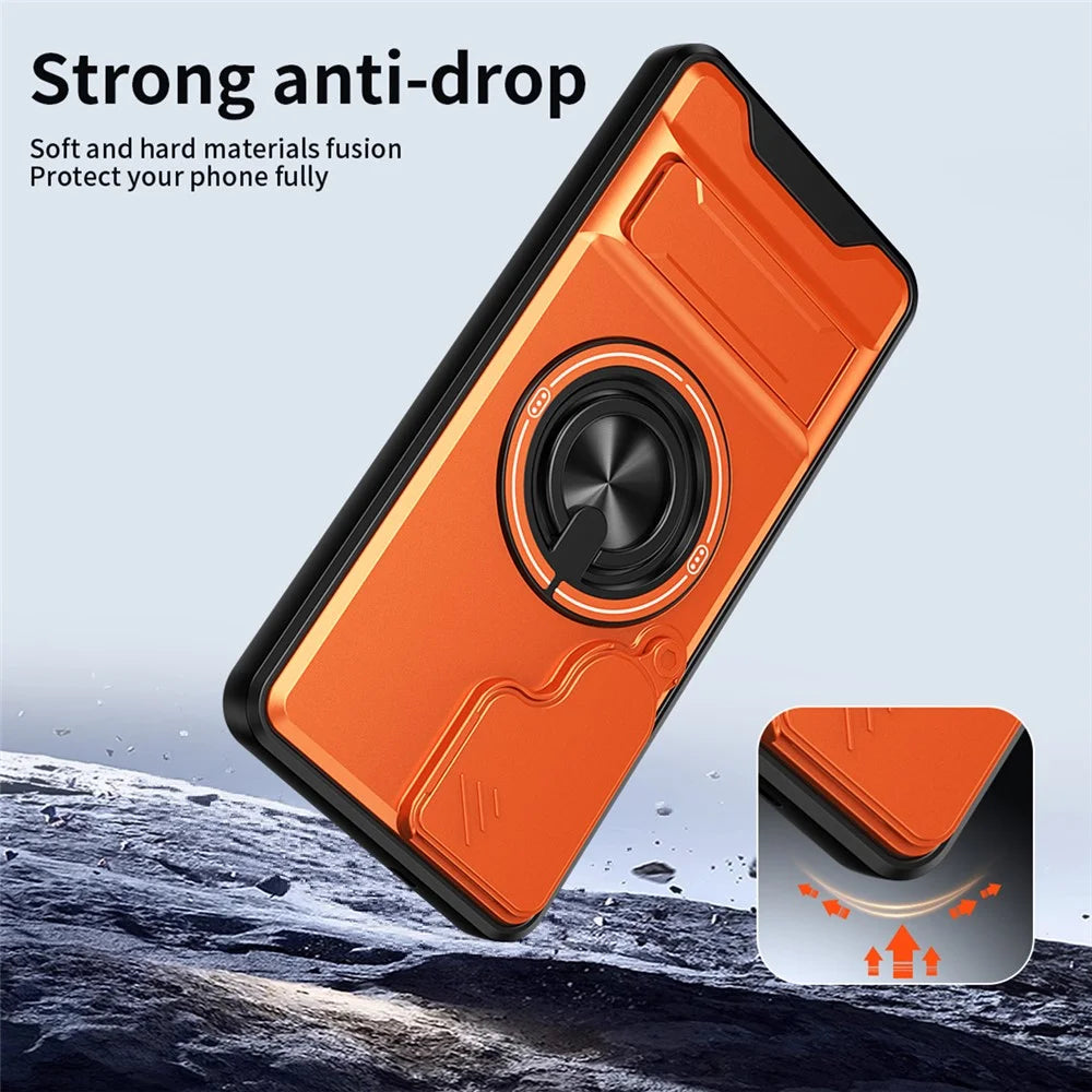For Samsung Galaxy S25 FE Magnetic Case Ring Holder Foldable Kickstand TPU PC Phone Cover with Camera Lens Slider - Orange - 5