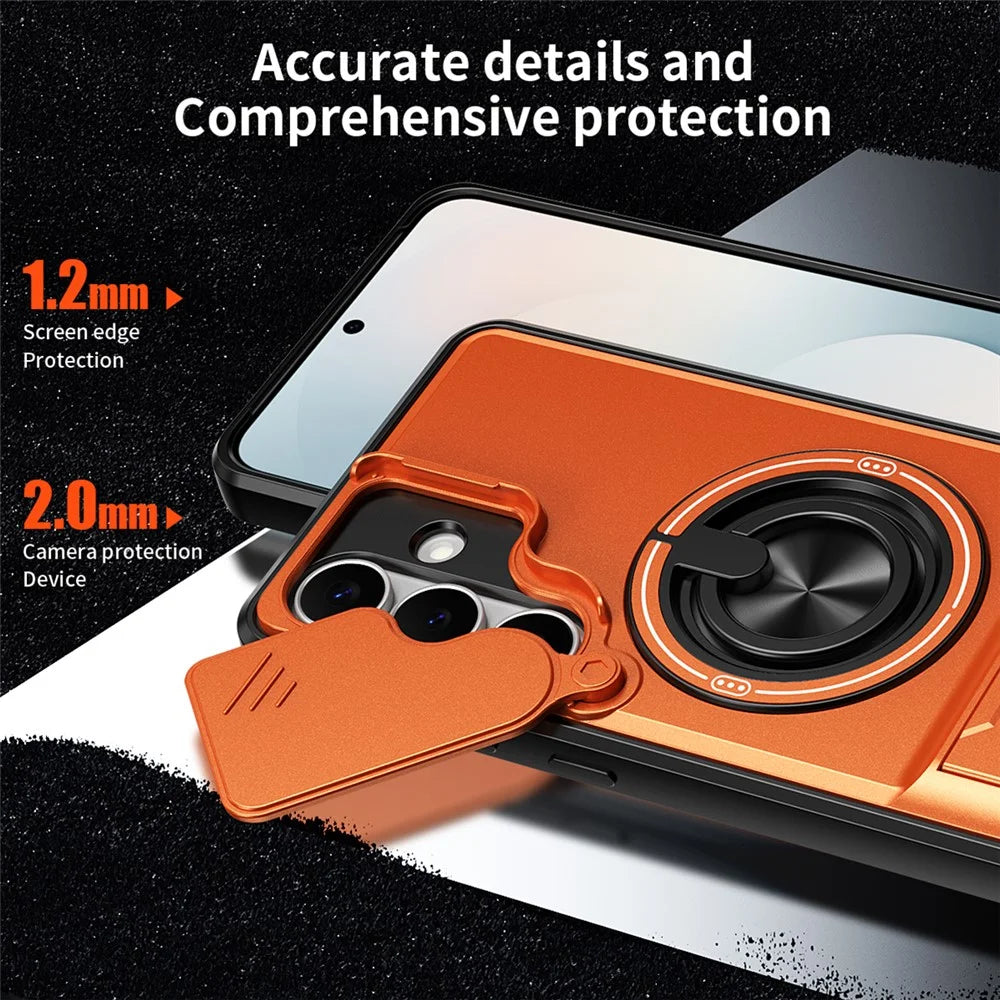 For Samsung Galaxy S25 FE Magnetic Case Ring Holder Foldable Kickstand TPU PC Phone Cover with Camera Lens Slider - Orange - 6