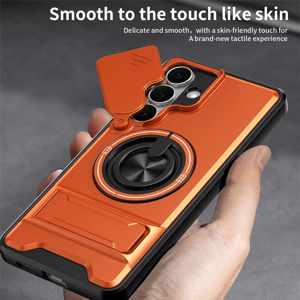 For Samsung Galaxy S25 FE Magnetic Case Ring Holder Foldable Kickstand TPU PC Phone Cover with Camera Lens Slider - Orange - 7