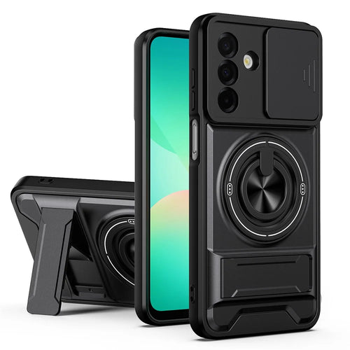 For Samsung Galaxy A26 5G Magnetic Case Ring Holder Foldable Kickstand TPU PC Phone Cover with Camera Lens Slider - Black - 1