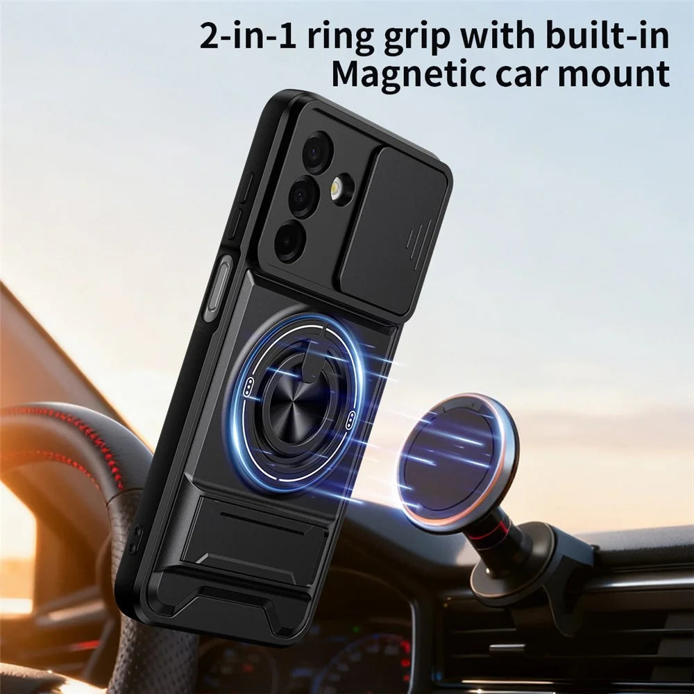 For Samsung Galaxy A26 5G Magnetic Case Ring Holder Foldable Kickstand TPU PC Phone Cover with Camera Lens Slider - Black - 2