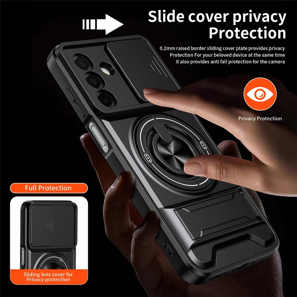 For Samsung Galaxy A26 5G Magnetic Case Ring Holder Foldable Kickstand TPU PC Phone Cover with Camera Lens Slider - Black - 4