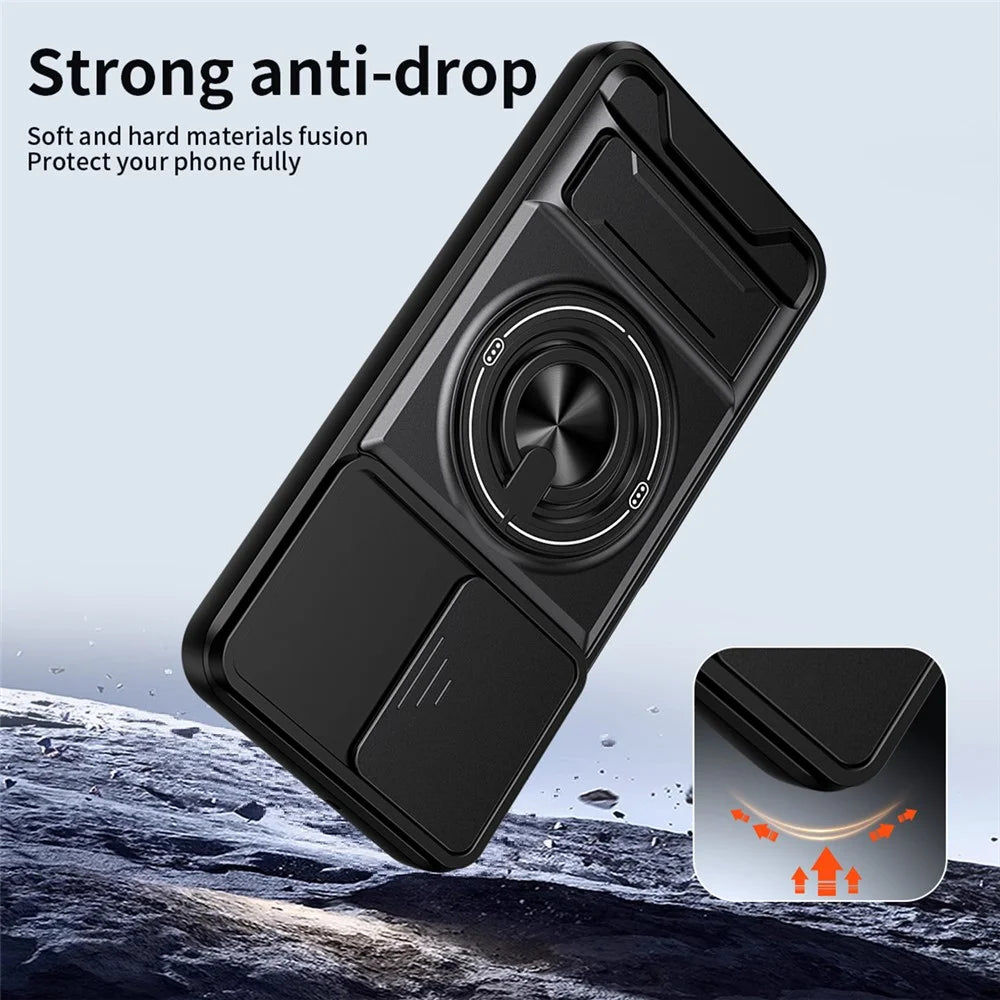 For Samsung Galaxy A26 5G Magnetic Case Ring Holder Foldable Kickstand TPU PC Phone Cover with Camera Lens Slider - Black - 5