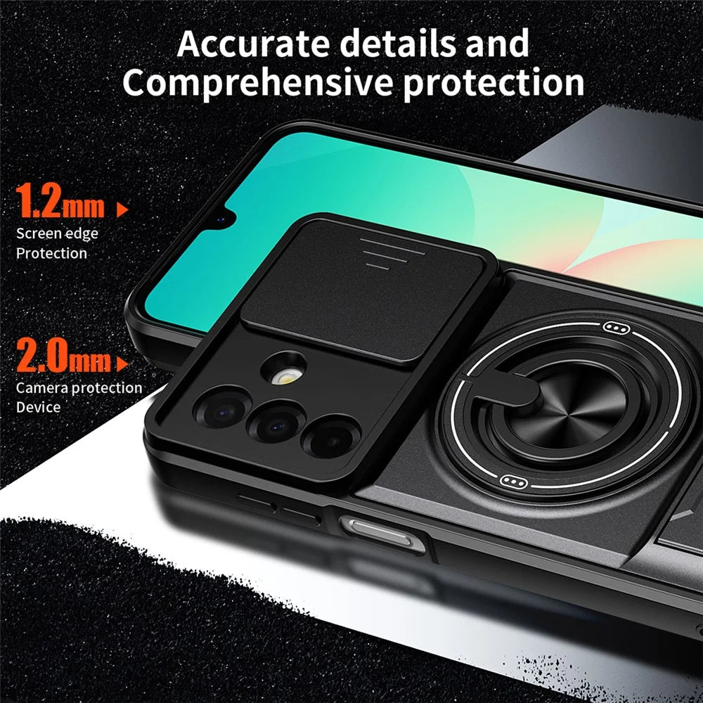 For Samsung Galaxy A26 5G Magnetic Case Ring Holder Foldable Kickstand TPU PC Phone Cover with Camera Lens Slider - Black - 6