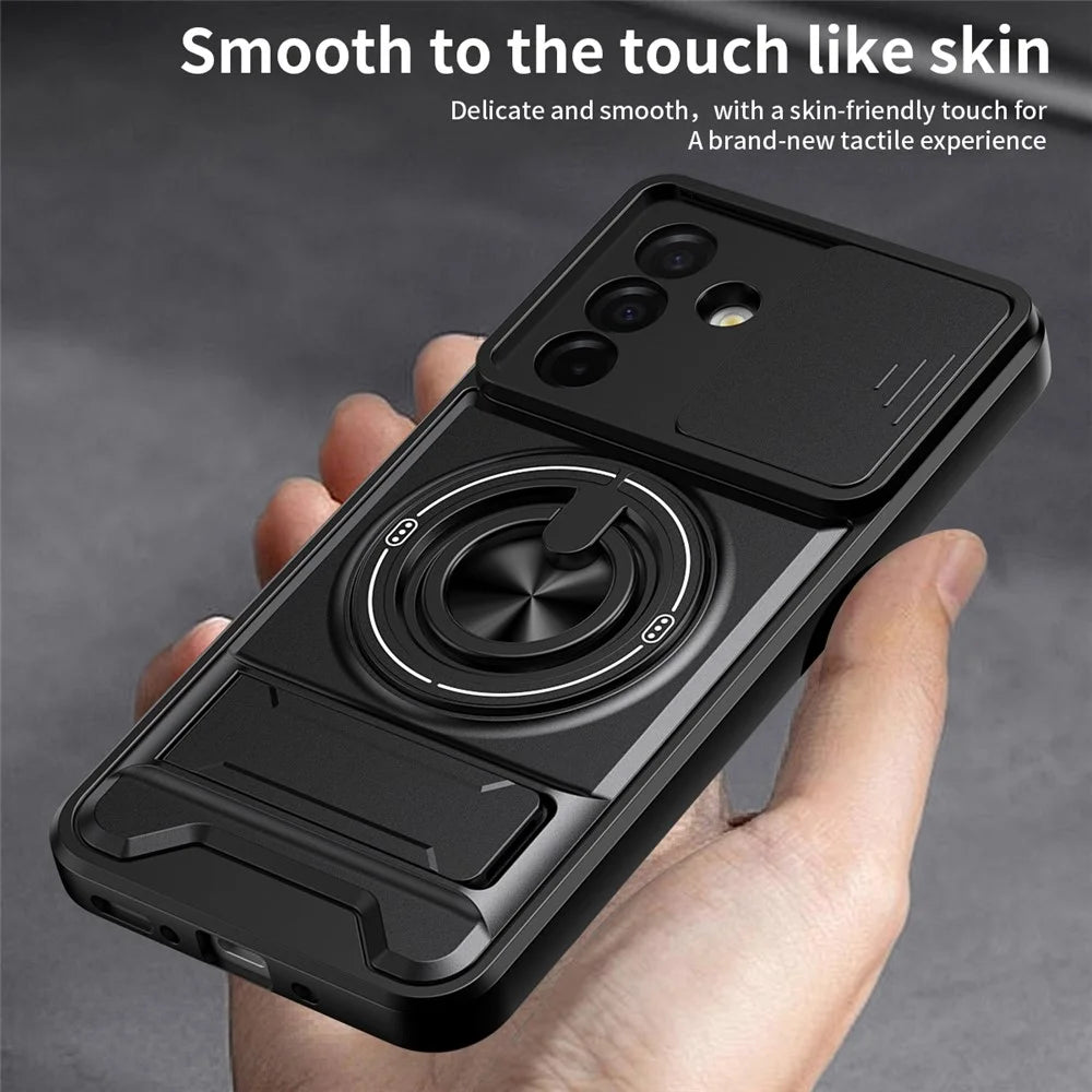 For Samsung Galaxy A26 5G Magnetic Case Ring Holder Foldable Kickstand TPU PC Phone Cover with Camera Lens Slider - Black - 7