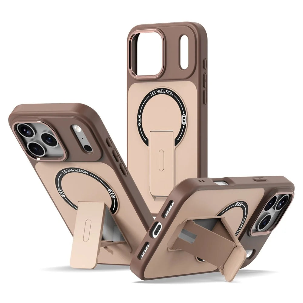 For iPhone 18 Pro / 17 Pro Case Compatible with MagSafe Foldable Kickstand Shockproof TPU + PC Phone Back Cover - Desert Gold - 1