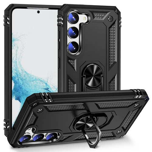 For Samsung Galaxy S23 Military Grade Shock-absorbing Case Ring Kickstand Design PC + TPU Back Cover - Black - 1