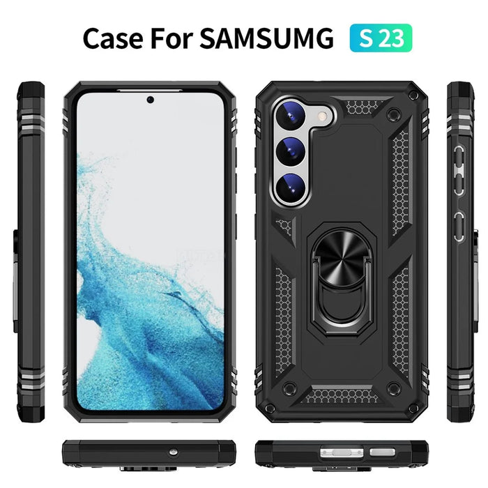 For Samsung Galaxy S23 Military Grade Shock-absorbing Case Ring Kickstand Design PC + TPU Back Cover - Black - 7