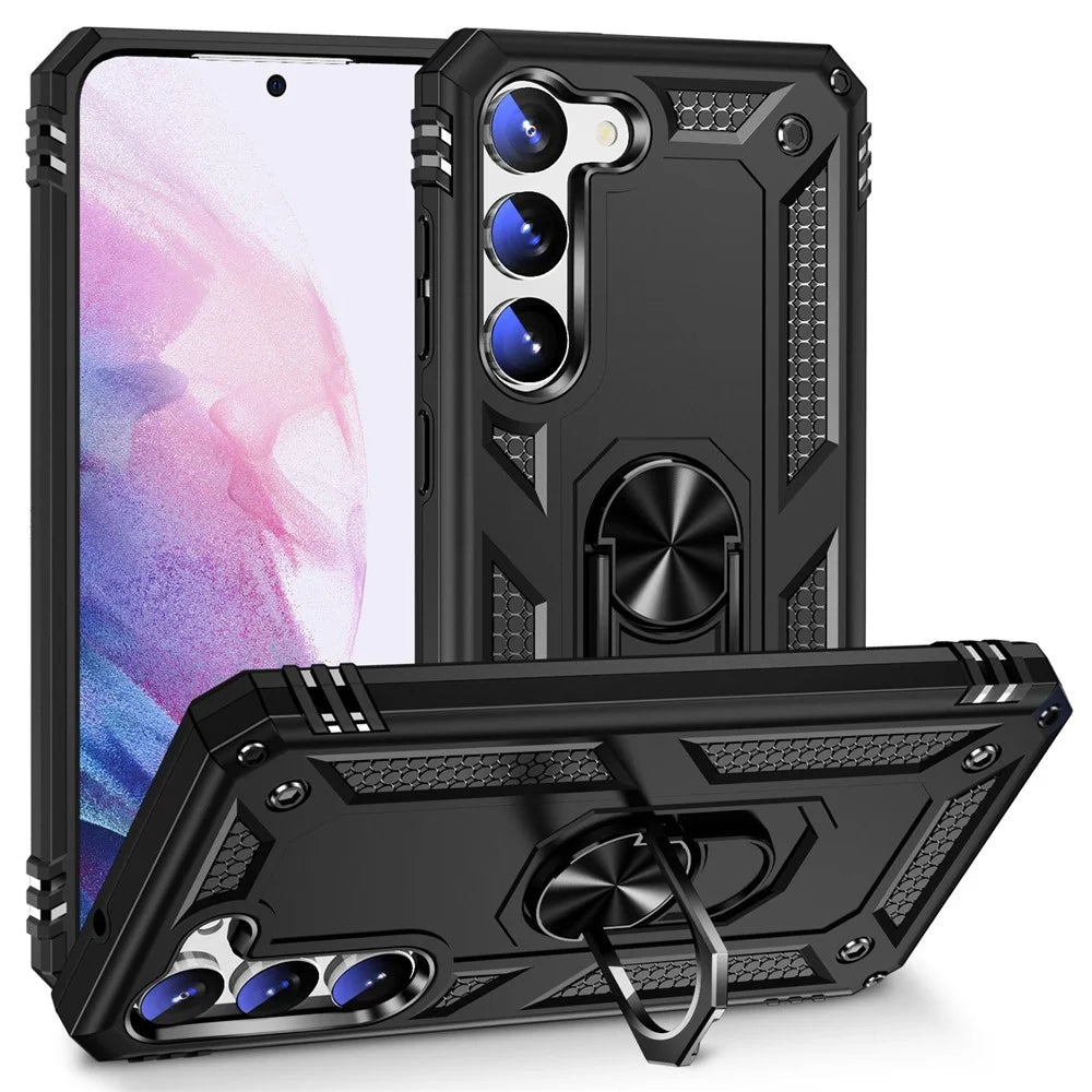 For Samsung Galaxy S23+ Fall-proof Military Grade Case Ring Kickstand Design PC + TPU Back Cover - Black - 1
