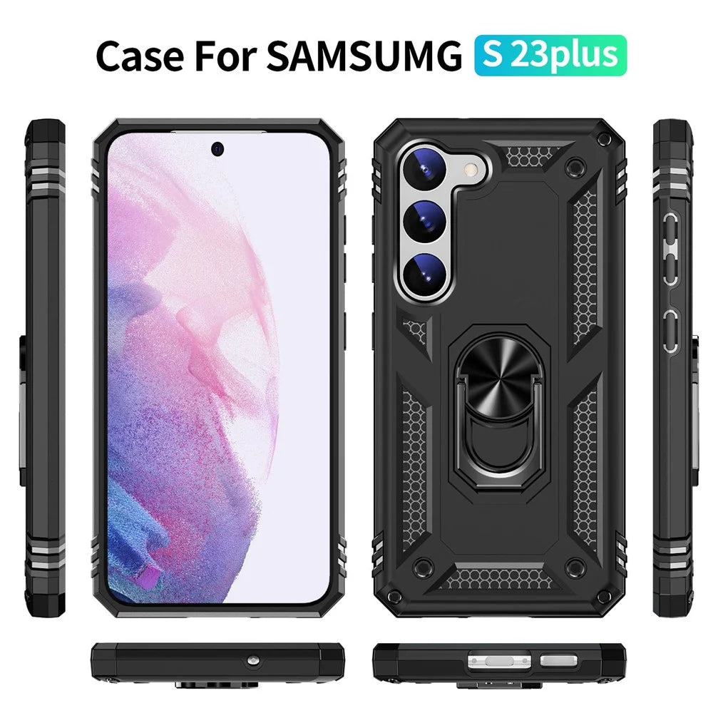 For Samsung Galaxy S23+ Fall-proof Military Grade Case Ring Kickstand Design PC + TPU Back Cover - Black - 7
