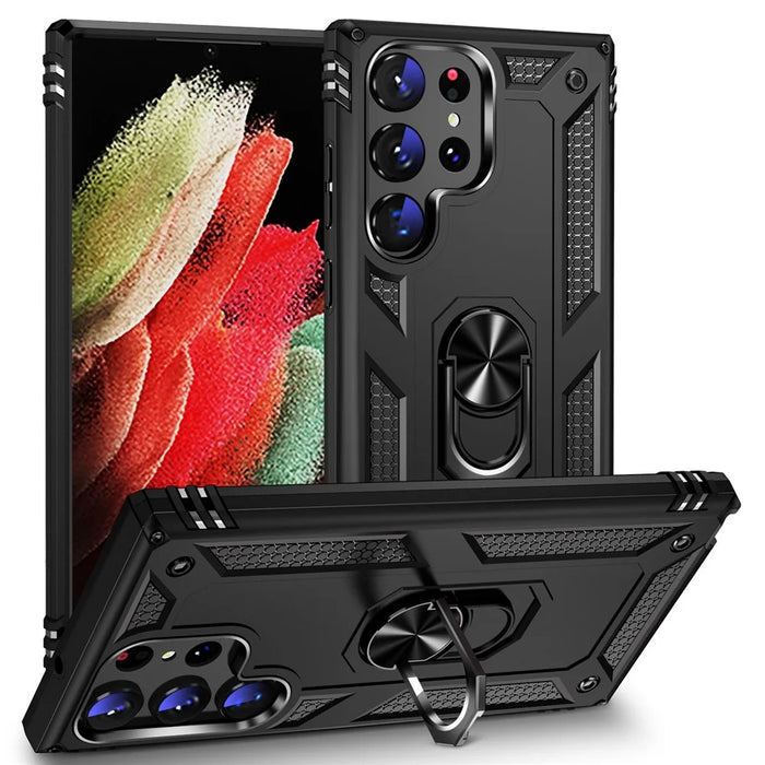 For Samsung Galaxy S23 Ultra Military Grade Case Ring Kickstand Design PC + TPU Hybrid Shell Back Cover - Black - 1
