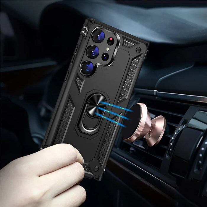 For Samsung Galaxy S23 Ultra Military Grade Case Ring Kickstand Design PC + TPU Hybrid Shell Back Cover - Black - 2