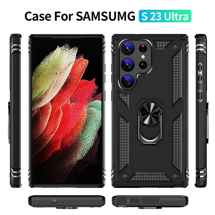 For Samsung Galaxy S23 Ultra Military Grade Case Ring Kickstand Design PC + TPU Hybrid Shell Back Cover - Black - 7