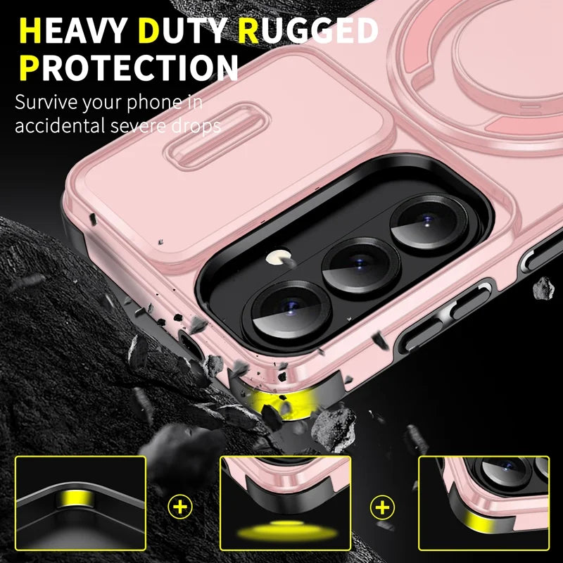For Samsung Galaxy S24 FE Magnetic Case with Screen Film / Slide Lens Cover / Kickstand TPU + PC Phone Shell - Pink - 4