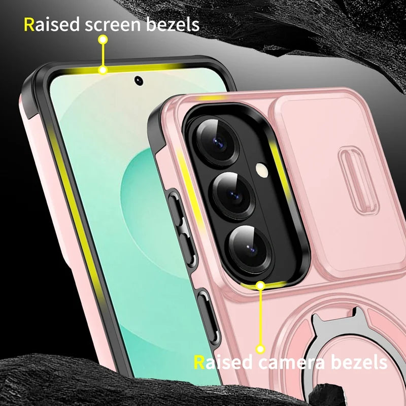 For Samsung Galaxy S24 FE Magnetic Case with Screen Film / Slide Lens Cover / Kickstand TPU + PC Phone Shell - Pink - 7