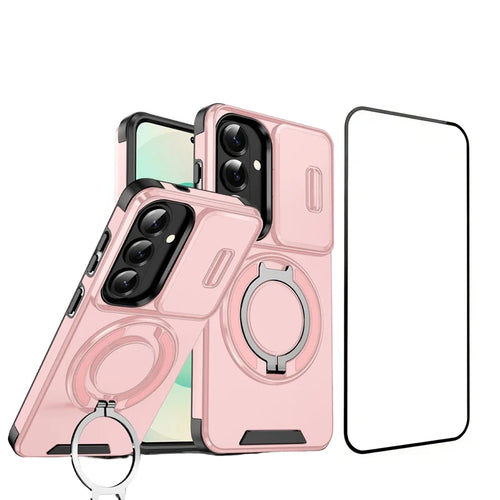 For Samsung Galaxy S26+ Magnetic Case with Screen Film / Slide Lens Cover / Kickstand TPU + PC Phone Shell - Pink - 1