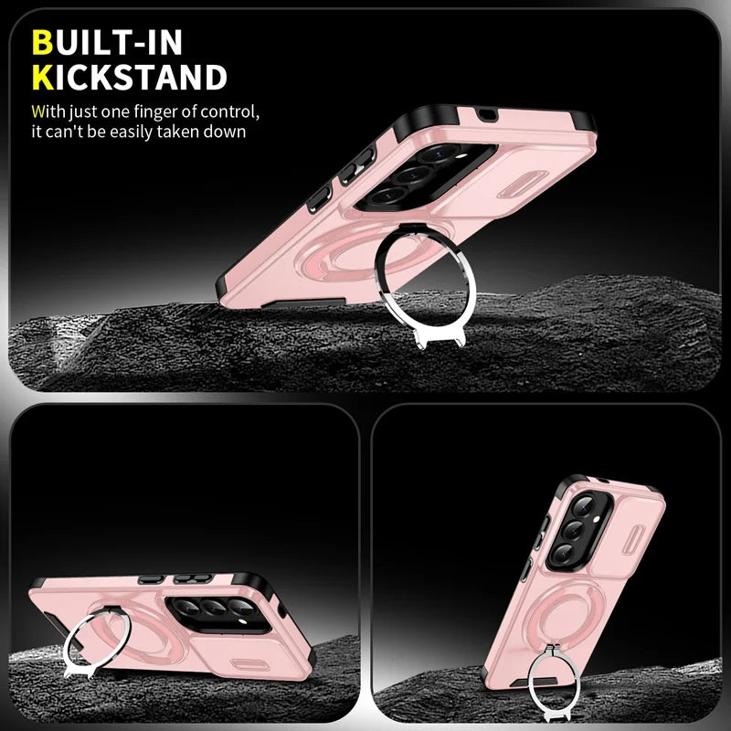 For Samsung Galaxy S26+ Magnetic Case with Screen Film / Slide Lens Cover / Kickstand TPU + PC Phone Shell - Pink - 6