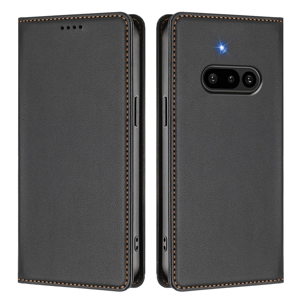 For Nothing Phone (3a) Leather Wallet Case Magnetic Closure RFID Blocking Phone Cover - Black - 1