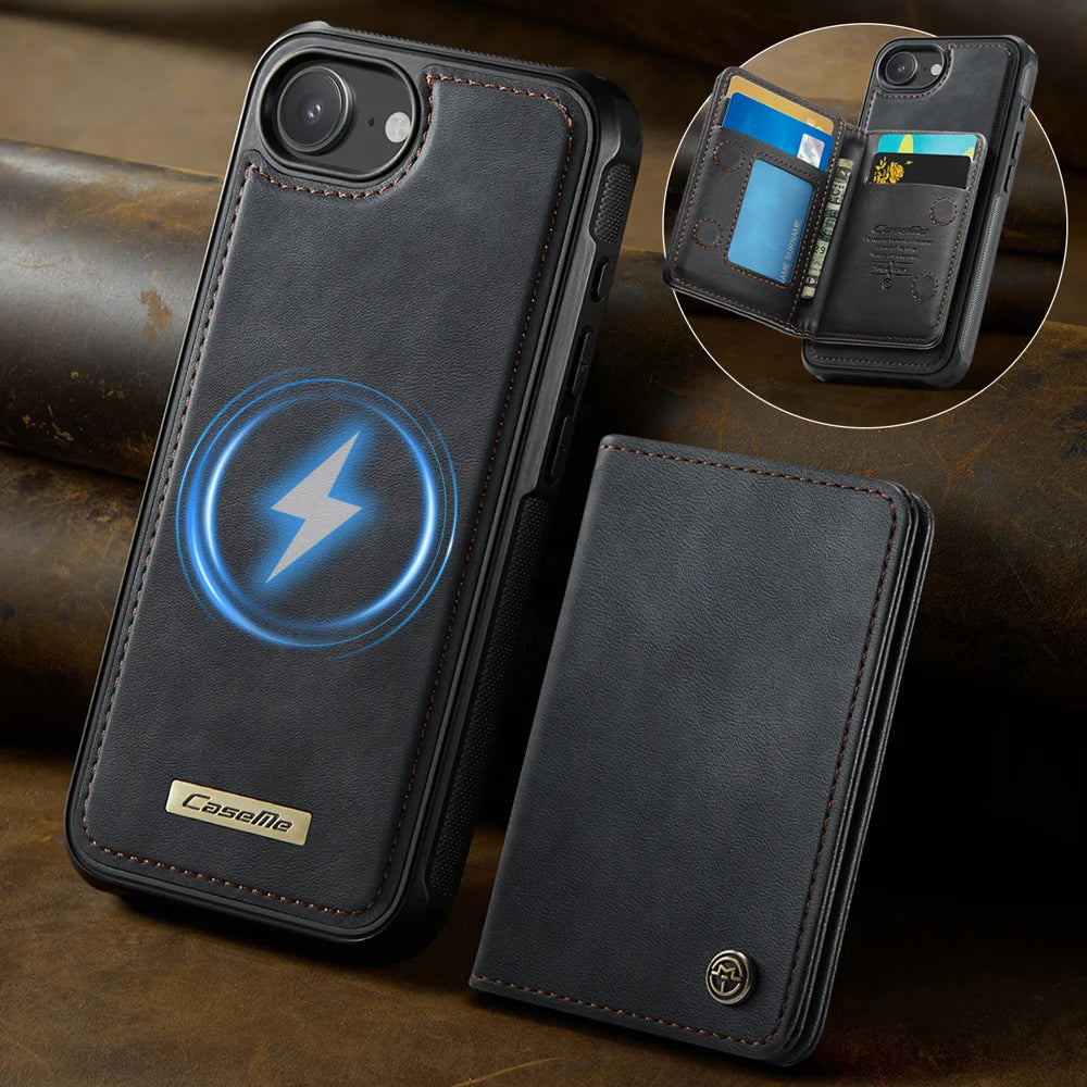 CASEME For iPhone 17e / 16e Magnetic Case  ME80 Series Leather PC TPU Phone Cover with Detachable Wallet - Black - 2