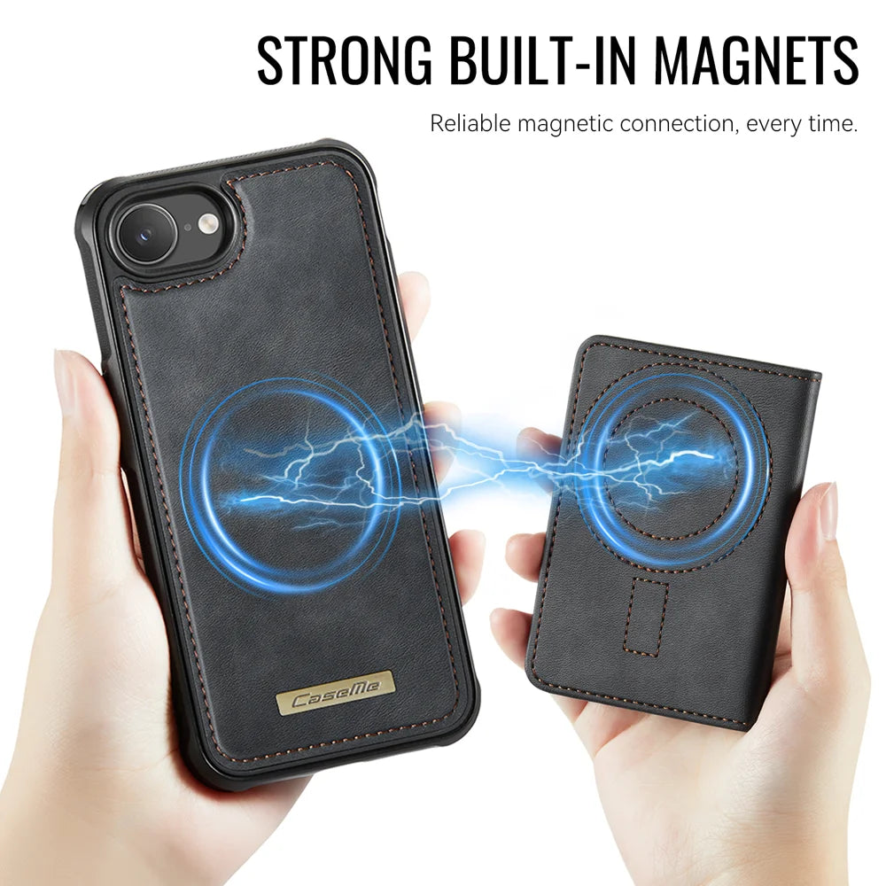 CASEME For iPhone 17e / 16e Magnetic Case  ME80 Series Leather PC TPU Phone Cover with Detachable Wallet - Black - 6