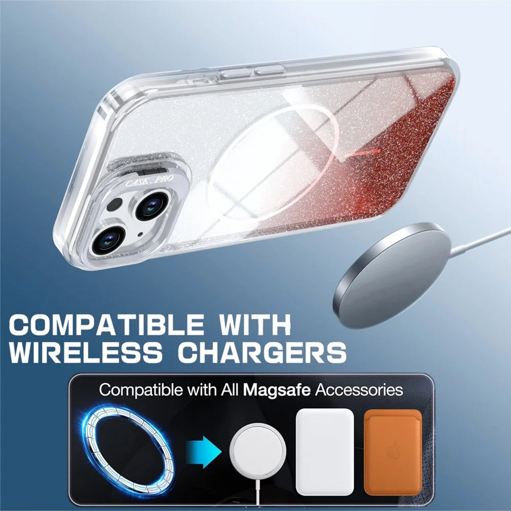 Magnetic Case For iPhone 14  /  13 Gradient Glitter Shockproof TPU PC Phone Cover Compatible with MagSafe - Orange - 3