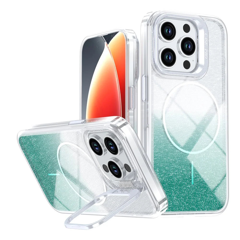 For iPhone 13 Pro Magnetic Case Gradient Glitter Shockproof TPU PC Phone Cover Compatible with MagSafe - Lake Green - 1