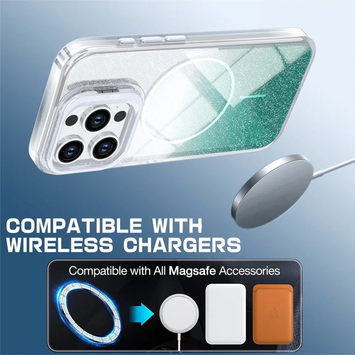 For iPhone 13 Pro Magnetic Case Gradient Glitter Shockproof TPU PC Phone Cover Compatible with MagSafe - Lake Green - 3